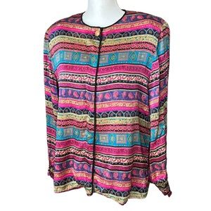 VTG 90s fiji sport silk blouse pink black blue boho gold button women large
